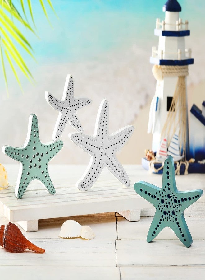 Qunclay 4 Pcs Summer Wooden Starfish Decoration Beach Table Block Starfish Coastal Table Sign Coastal Tiered Tray Summer Farmhouse Decoration for Home Beach Office Bedroom - Image 1